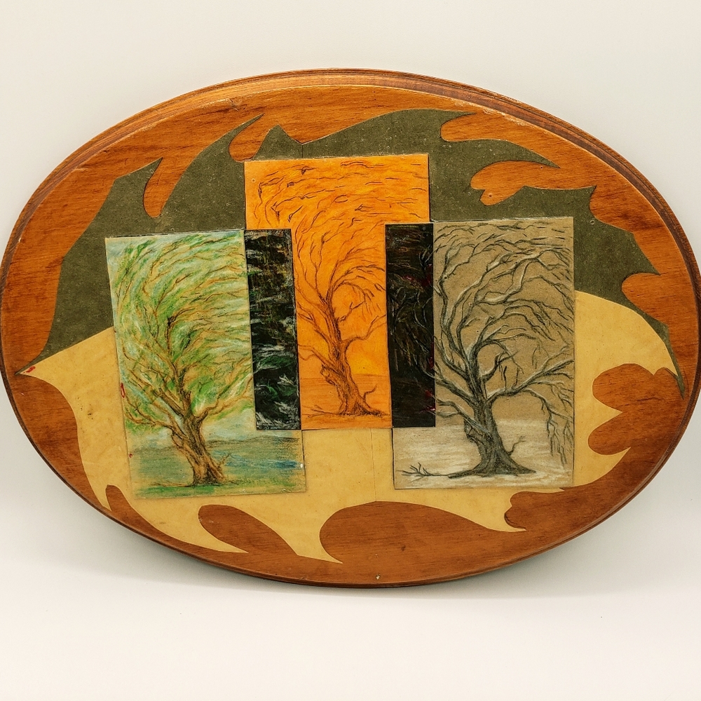 Hand Crafted Drawn Folk Art Wood Wall Hanging Picture Layered 3 Seasons of Trees